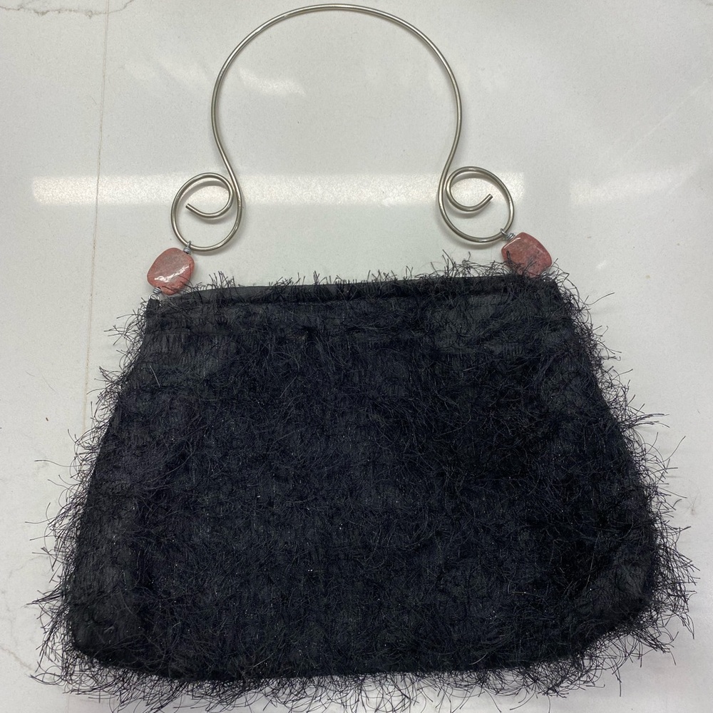 Black Fuzzy handbag with polished stones and wire handle